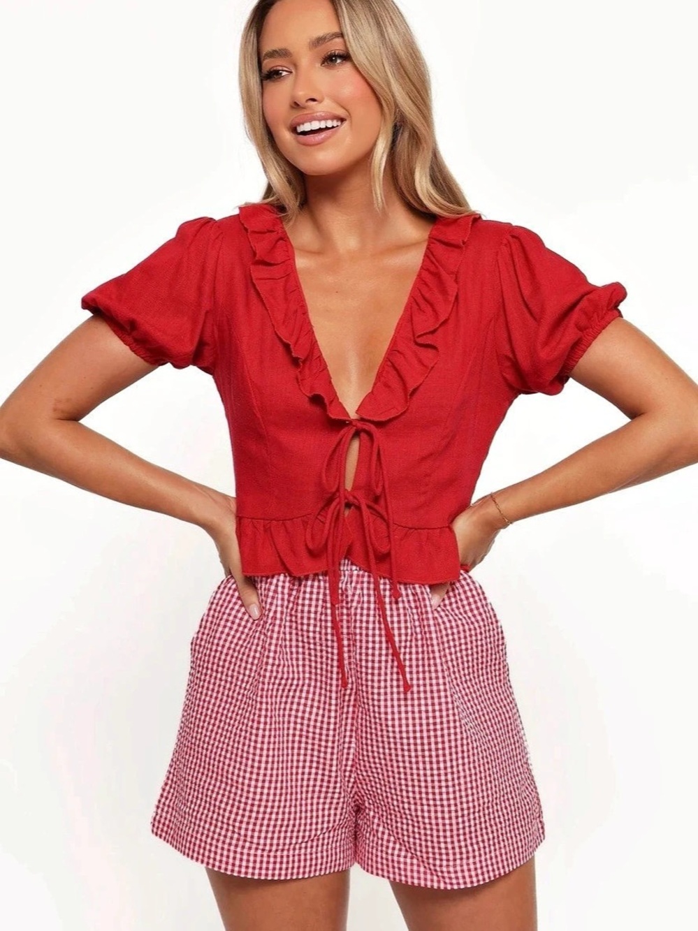petal + pup Red Ruffle Tie-Front Blouse Size XS  new without tag